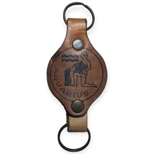 Vintage 1974 Leather Aquarius Zodiac Double Sided Keychain